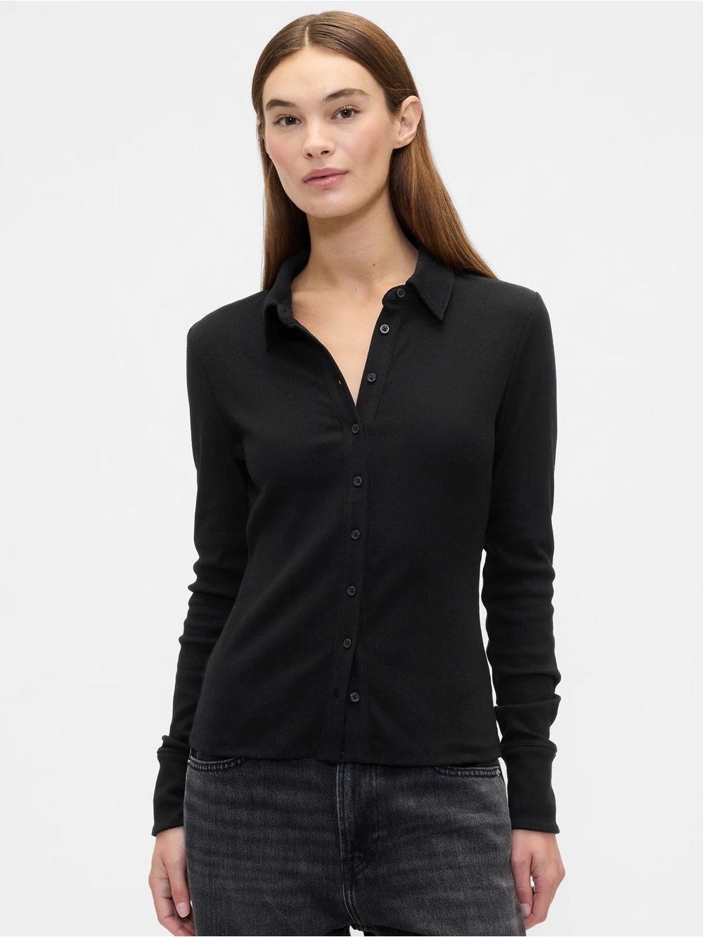 Ribbed Stretchy Black Button Up Top